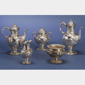 Five Piece Mulford & Wendell Repousse Coin Silver Tea and Coffee Service