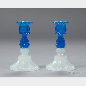Pair of Translucent Sapphire Blue and Clambroth Glass Candlesticks
