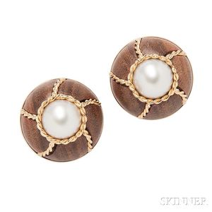 18kt Gold, Mabe Pearl, and Wood Earclips, Seaman Schepps