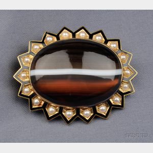 Antique 14kt Gold, Banded Agate, Seed Pearl, and Enamel Brooch