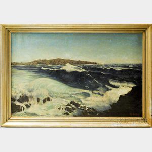 C.W. Van Ness (American, 20th Century) Crashing Surf on a Rocky Coast.