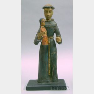 Carved and Polychrome Painted Wood Santos Figure on Stand