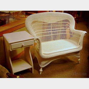 White-painted Woven Wicker Settee and a White-painted One-Drawer Side Stand.