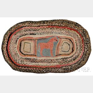 Wool and Cotton Oval Hooked and Braided Rug Centered with a Red Horse Motif