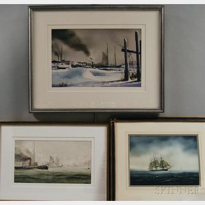 Robert Spring (American, 20th Century) Three Marine Watercolors: Clipper Ship, New York Harbor