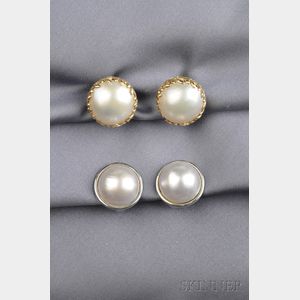 Two Pairs of 14kt Gold Mabe Pearl Earclips