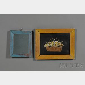 Blue-painted Mirror Frame and a Painted Tin Basket of Flowers with Yellow-painted Frame