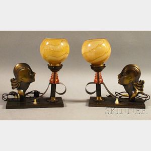 Pair of Art Deco Brass Figural Table Lamps with Glass Shades