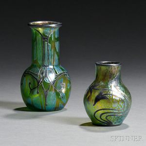 Two Attributed Loetz Vases with Metal Overlay