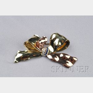 Retro 14kt Bicolor Gold, Sapphire, and Diamond Bow Brooch, Cartier