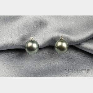 14kt White Gold, Tahitian Pearl, and Diamond Earclips