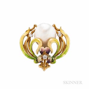 Art Nouveau 14kt Gold, Freshwater Pearl, and Enamel Pendant/Brooch, Krementz & Co.