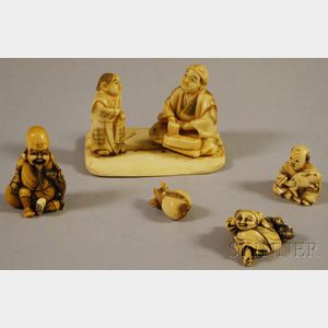 Japanese Carved Ivory Figural Group and Three Netsuke