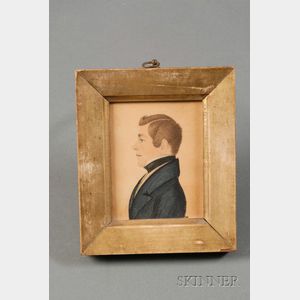 Attributed to Rufus Porter (American, 1792-1884) Portrait Miniature of a Young Man Wearing a Dark Blue Jacket.