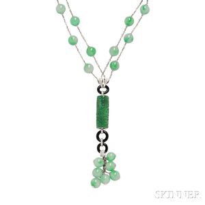 18kt White Gold, Jade, Onyx, and Diamond Pendant Necklace
