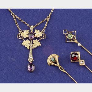 Four Art Nouveau 14kt Gold and Gem-set Jewelry Items