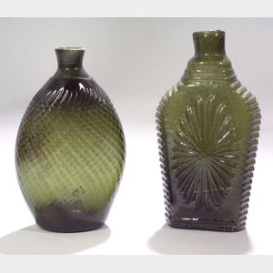 Two Olive Blown Molded Glass Pint Flasks