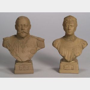 Pair of Doulton Lambeth Brown Stoneware Busts of George V and Queen Mary