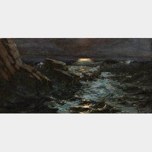 William Johnson Bixbee (American, 1850-1921) Rocky Coast by Moonlight