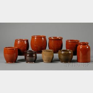 Eight Redware Jars and a Stoneware Jar