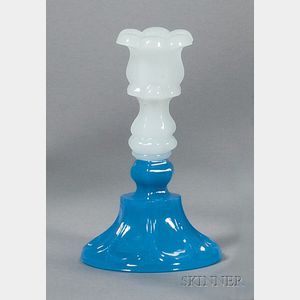 Clambroth and Translucent Sapphire Blue and Petal and Loop Glass Candlestick
