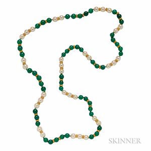 Dyed Green Chalcedony and Cultured Pearl Necklace
