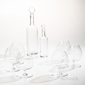 Two Baccarat Dionysos Crystal Decanters and Six Brandy Sifters