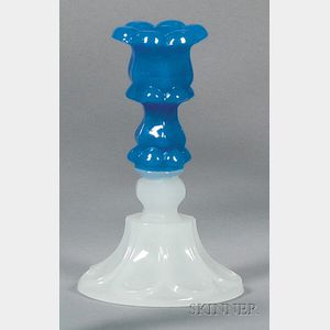 Translucent Sapphire Blue and Clambroth Petal and Loop Glass Candlestick