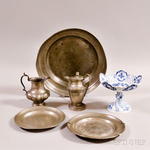 Meissen "Blue Onion" Porcelain Compote and Five Pewter Items. 