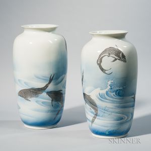 Near Pair of Blue and White Porcelain Vases