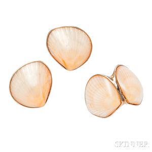 Sterling Silver and Shell Earclips and Ring, Marguerite Stix