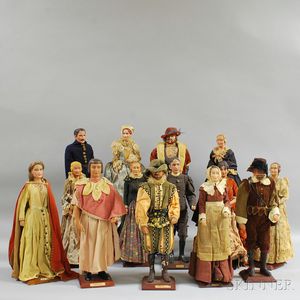 Collection of Fourteen Carved and Polychrome-painted Gesso Historical Costume Dolls