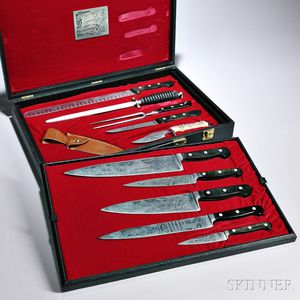 Cased Knife Set, J.A. Henckels, 1976, numbered 0001, made to commemorate the American Bicentennial, each knife blade etched with scen