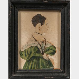 American School, Mid-19th Century Miniature Portrait of a Woman in a Green Dress