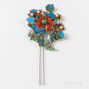 Ornamental Kingfisher Feather and Coral Hairpin