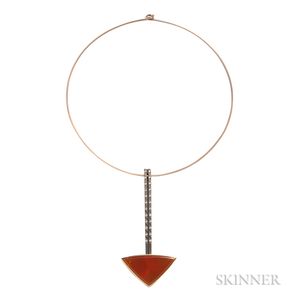 Modernist Gold, Fire Opal, and Diamond Necklace