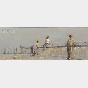 Robert R. Bliss (American, 1925-1981) Three Figures at a Sea Wall