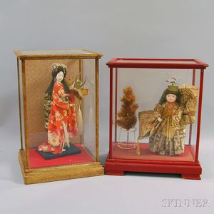 Two Cased Composition Asian Dolls Wearing National Silk Costumes
