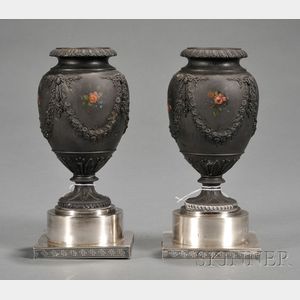 Pair of Silver Mounted Wedgwood Black Basalt Vases