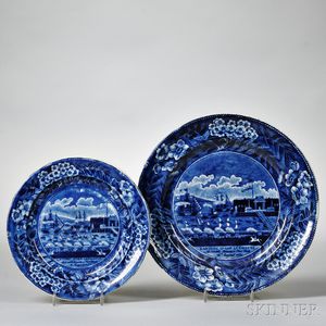 Two Historical Blue Transfer-decorated Staffordshire Landing of Lafayette Plates
