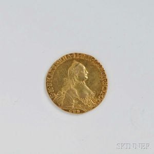 1764 Russian 5 Rouble Gold Coin, PCGS AU50. 