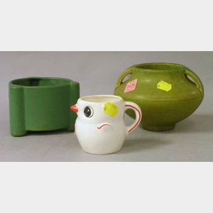 Small Rookwood Matte Green Glazed Two-Handled Pot, a Small Matte Green Glazed Art Pottery Footed Bowl, and a Child's Bird-form Cup