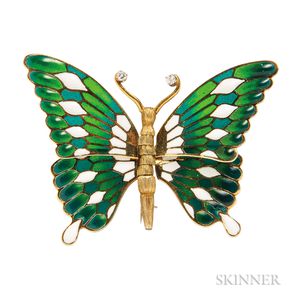 Gold and Plique-a-jour Enamel Butterfly Brooch