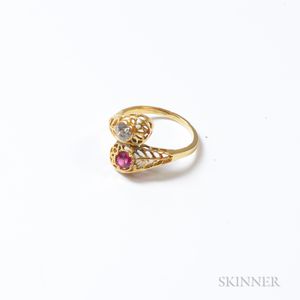14kt Gold, Diamond, and Red Stone Ring