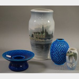 Three Pieces of Royal Copenhagen Porcelain and a Rohrstrand Chinese Blue Glazed Porcelain Vase