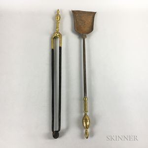 Near Pair of Turned Brass Double Lemon-top Tongs and Shovel