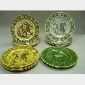 Fourteen Wedgwood Handpainted and Transfer Decorated Ivanhoe Pattern Dinner Plates.