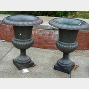 Pair of Green Painted Cast Iron Campagna-form Garden Urns.