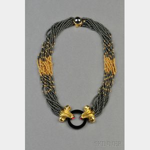 18kt Gold, Hematite, Onyx, and Pink Tourmaline Necklace, Lagos