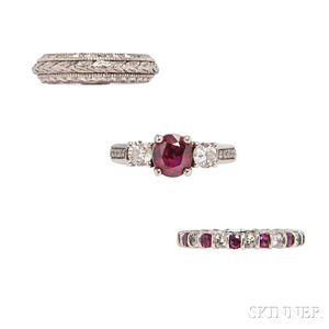 Platinum, Ruby, and Diamond Ring and Two Platinum Bands